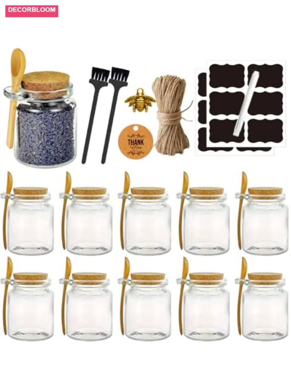 12 Pack 8oz Glass Jars with Bamboo Lids, Spoons, Charms & Tags for DIY Sugar